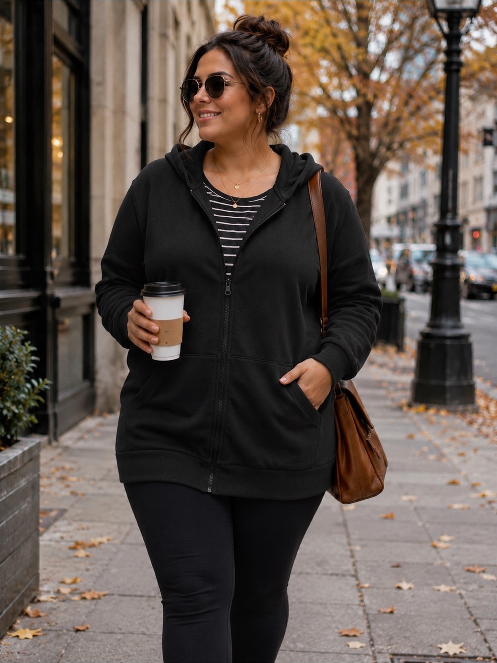 WOMAN WITHIN Plus Women's Black Longline Full Zip Hoodie Sweatshirt Tunic Jacket